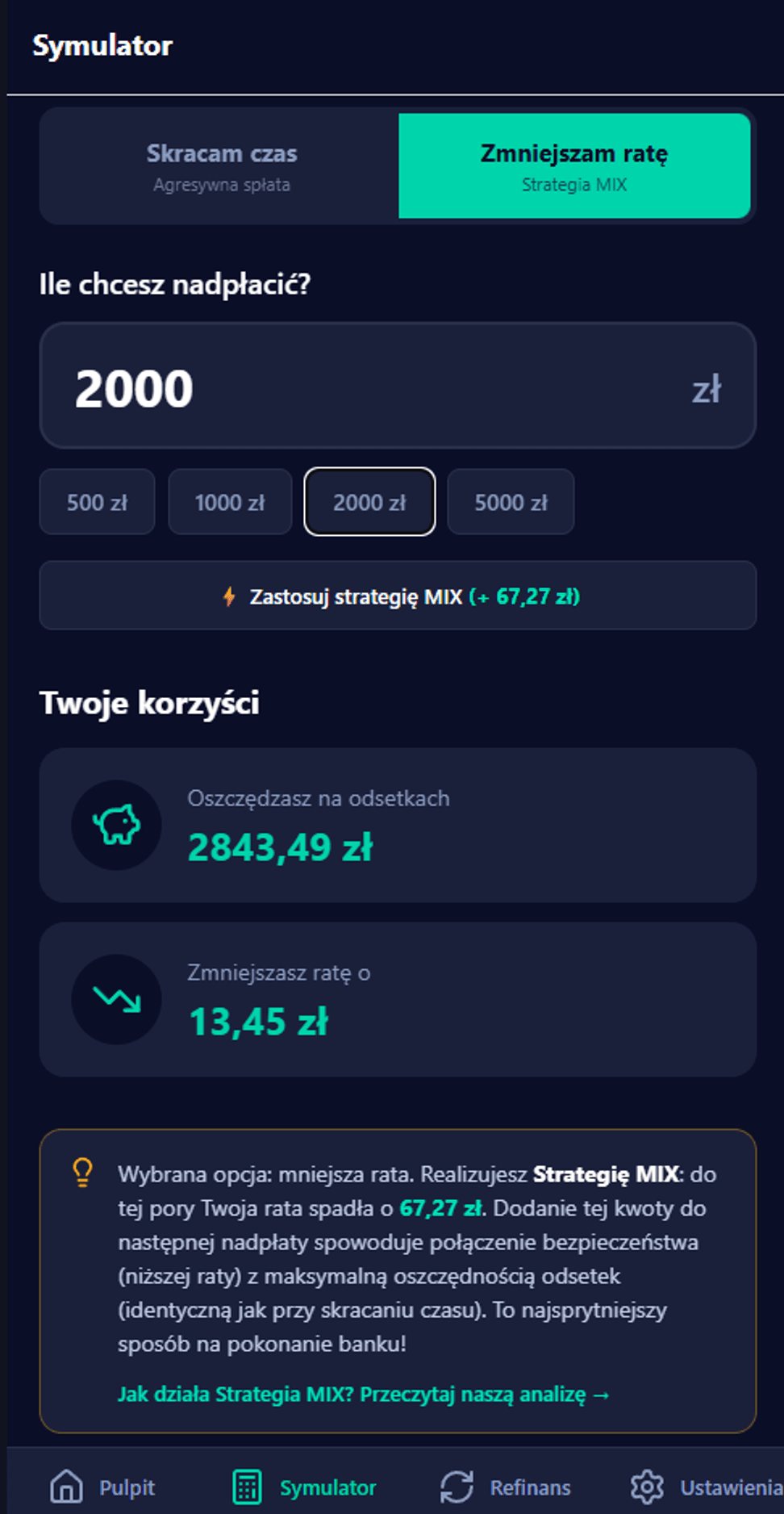 Symulator nadpłat ze Strategią MIX w aplikacji Pogromca Odsetek