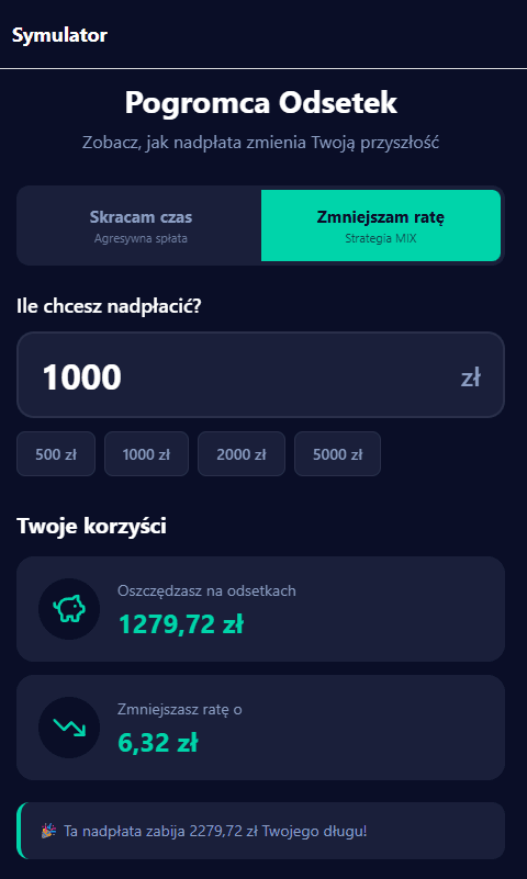 Ekran symulacji nadpłaty kredytu o 1000 zł w aplikacji Pogromca Odsetek