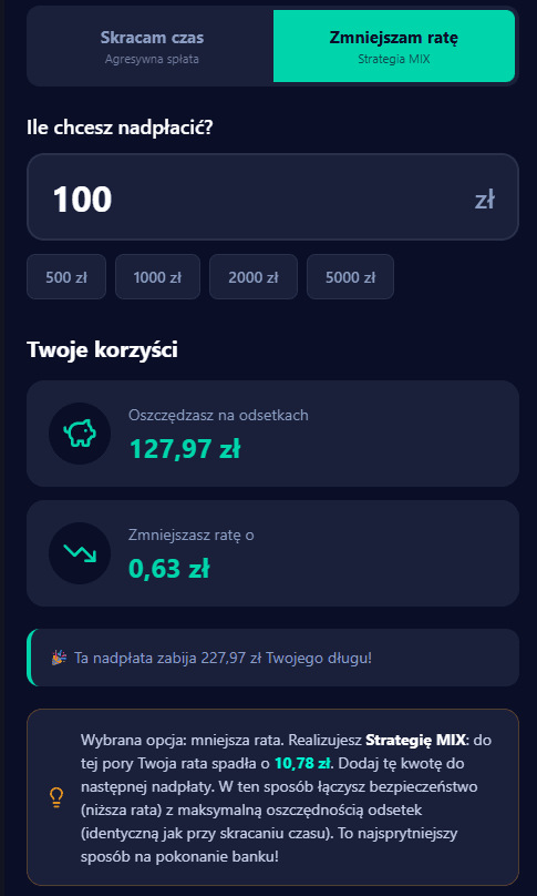 Planowanie mniejszej nadpłaty z automatycznym uwzględnieniem oszczędności