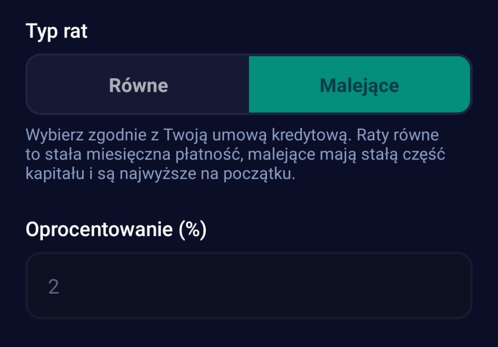 Ustawienia aplikacji Pogromca Odsetek z typem rat ustawionym na malejące oraz oprocentowaniem 2% dla bezpiecznego kredytu 2%