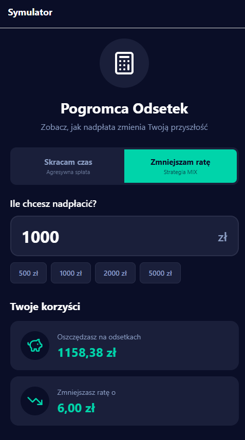 Ekran symulacji nadpłaty kredytu o 1000 zł w aplikacji Pogromca Odsetek