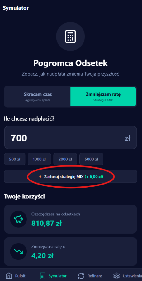 Przycisk Zastosuj strategię MIX w symulatorze nadpłat