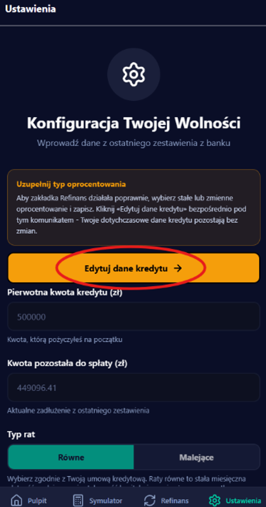 Ekran Ustawień z przyciskiem Edytuj dane kredytu