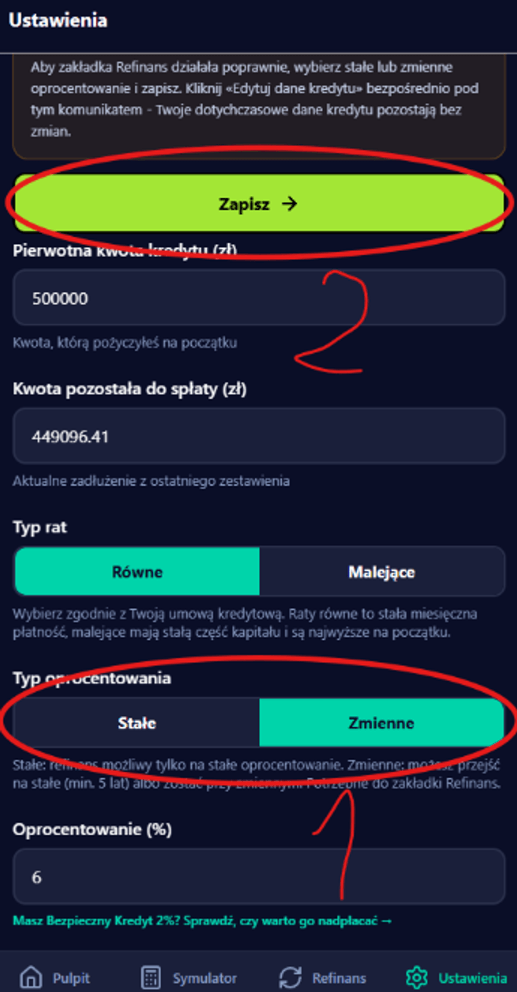 Formularz edycji danych kredytu z wyborem typu oprocentowania Stałe lub Zmienne oraz przyciskiem Zapisz