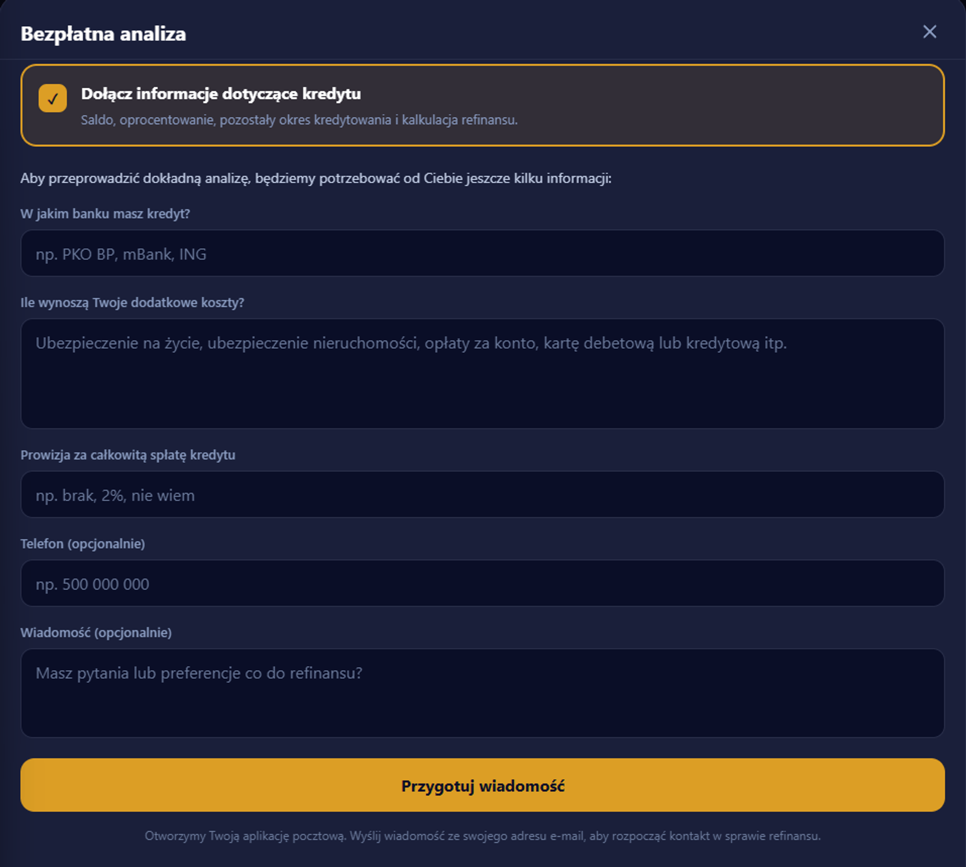 Formularz Bezpłatna analiza z checkboxem dołączenia danych kredytu i polami do uzupełnienia
