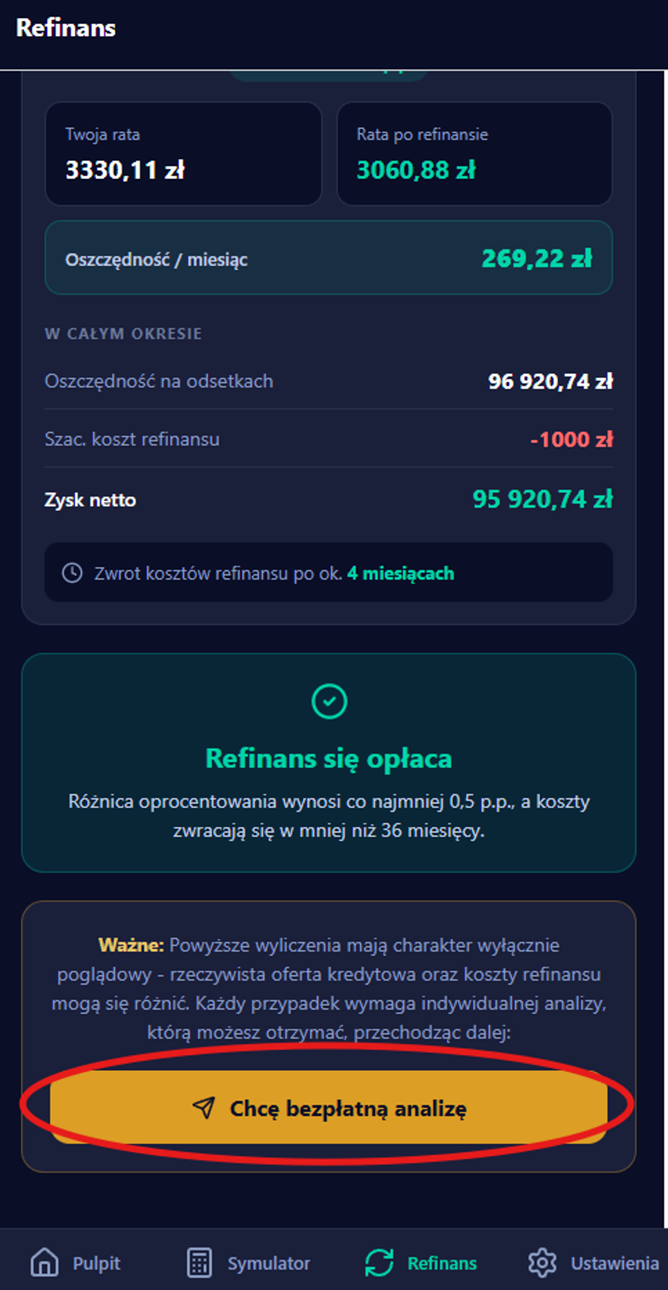 Przycisk Chcę bezpłatną analizę pod werdyktem Refinans się opłaca